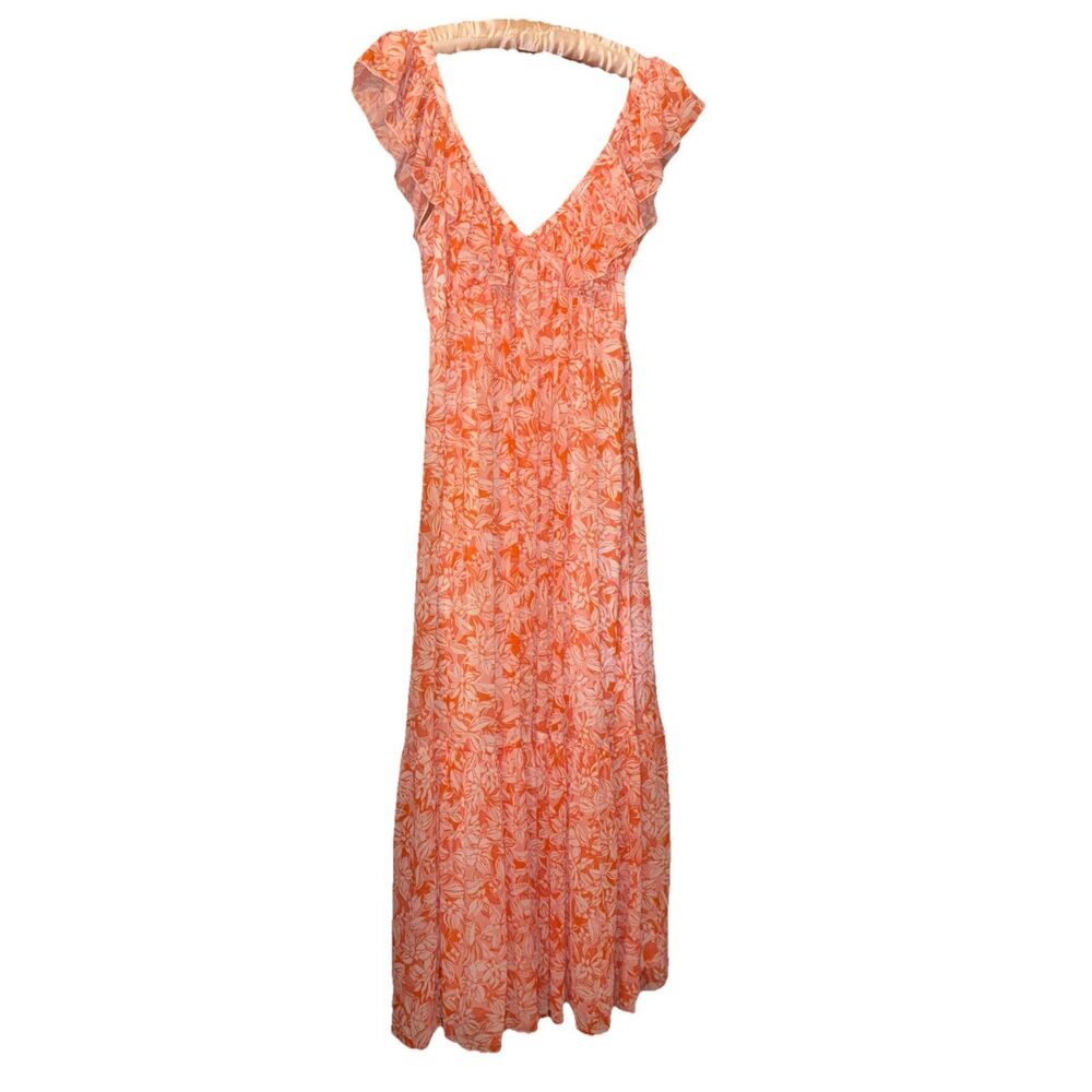 Women’s Lavender Brown Orange Floral Flutter Sleeve Maxi Dress Size Small